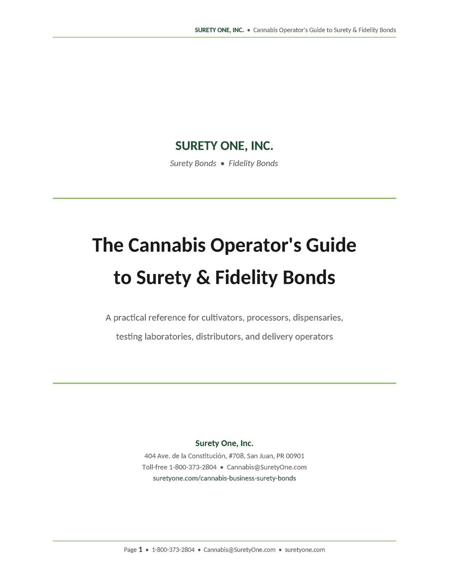 Cover of The Cannabis Operator's Guide to Surety and Fidelity Bonds, published by Surety One, Inc.