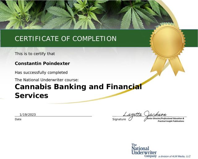 Cannabis Banking and Financial Services certificate awarded to C. Constantin Poindexter