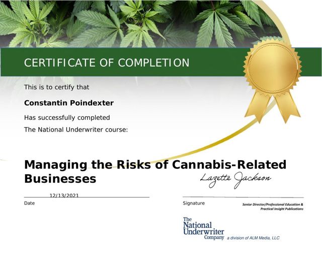 Managing the Risks of Cannabis-Related Businesses certificate awarded to C. Constantin Poindexter
