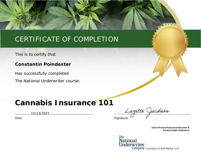 Cannabis Insurance 101 certificate awarded to C. Constantin Poindexter