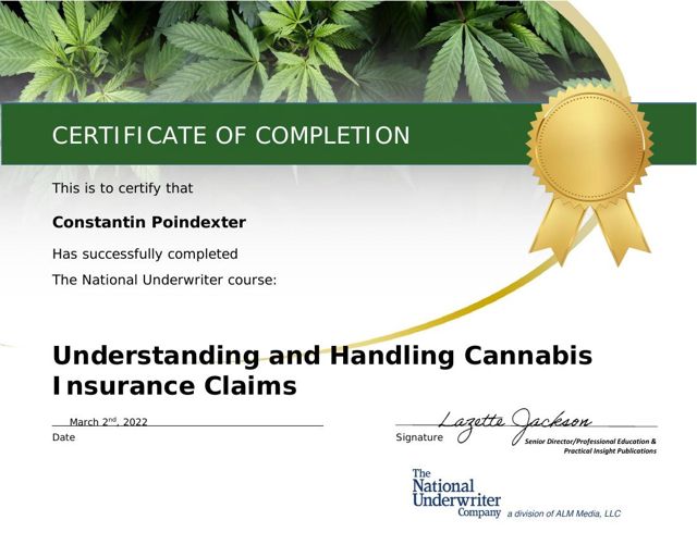 Understanding and Handling Cannabis Insurance Claims certificate awarded to C. Constantin Poindexter