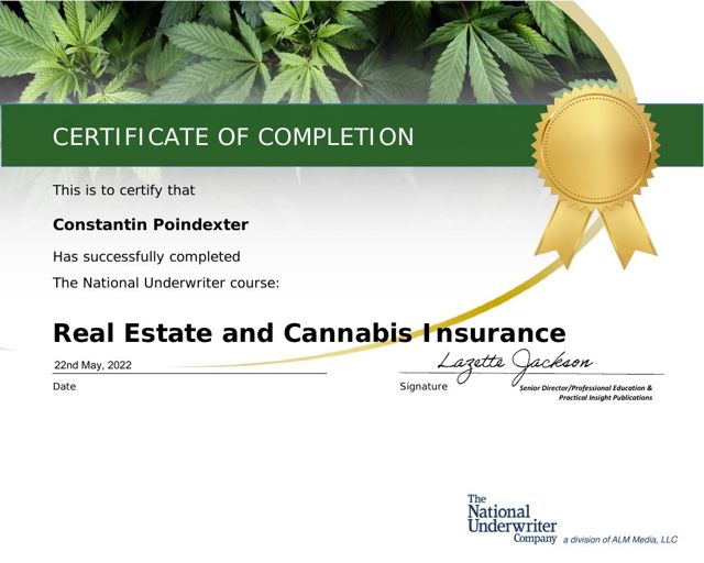 Real Estate and Cannabis Insurance certificate awarded to C. Constantin Poindexter