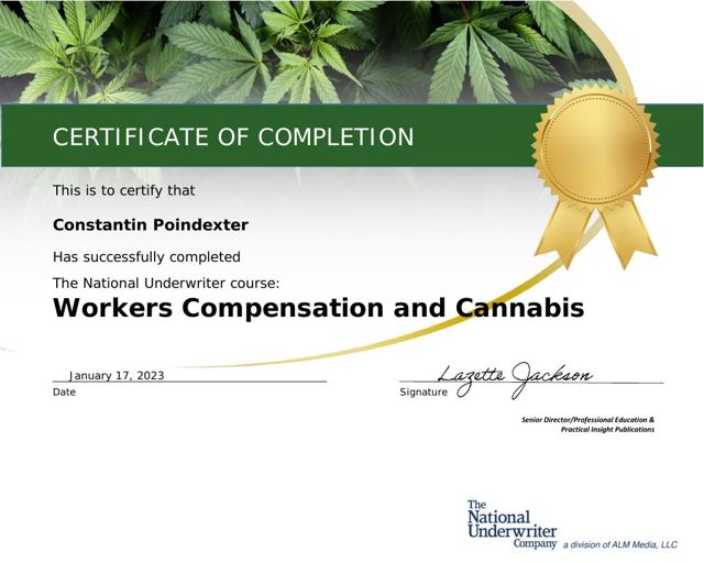Workers Compensation and Cannabis certificate awarded to C. Constantin Poindexter