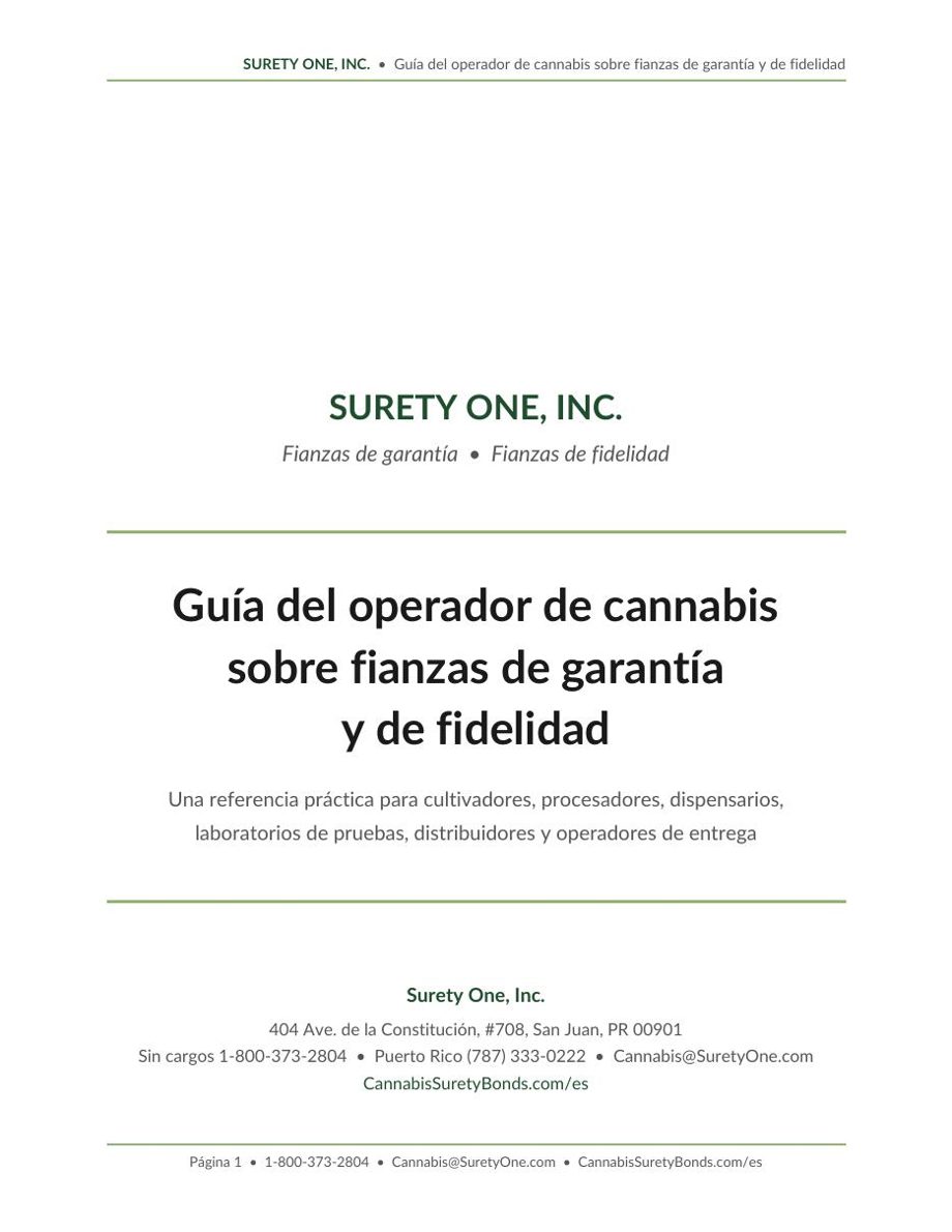 Portada de la Guía del operador de cannabis sobre fianzas de garantía y de fidelidad, publicada por Surety One, Inc.